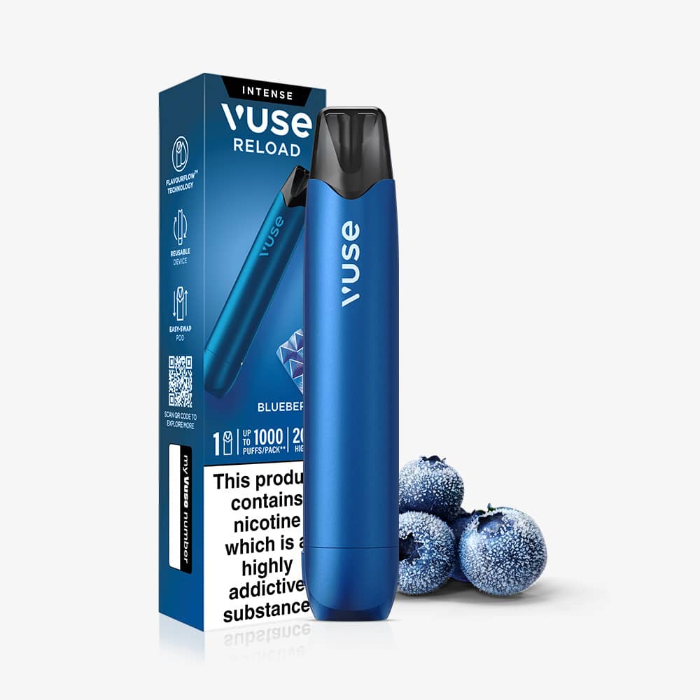 A blue Blueberry Ice Vuse Reload Pen standing in front of its retail packaging and a small cluster of frosted blueberries.