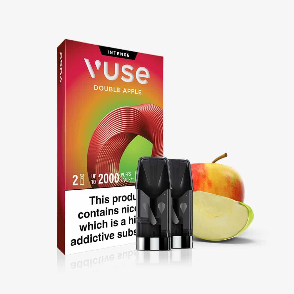 Double Apple Vuse Extra Intense Flavour Pods pack with two pods displayed in front, placed beside a whole and sliced apple. Filled with Vuse’s pre-filled e-liquid formulated with nic salts for a smooth vaping experience, the packaging features a prominent nicotine warning label.