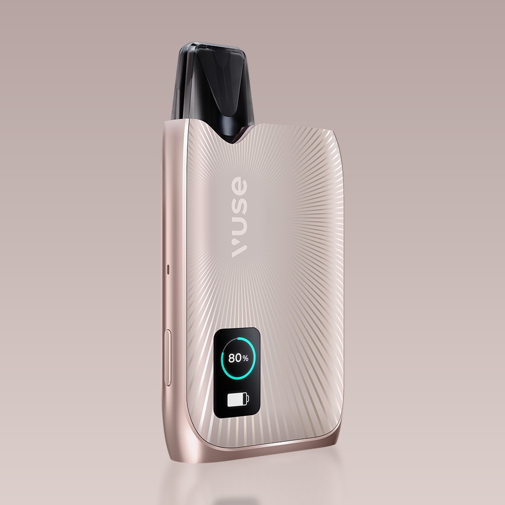 The Vuse Ultra Device Kit by Vuse features a sleek metallic body, textured front, black mouthpiece, and a digital display with an 80% battery icon, showcasing its advanced design against a soft beige background.