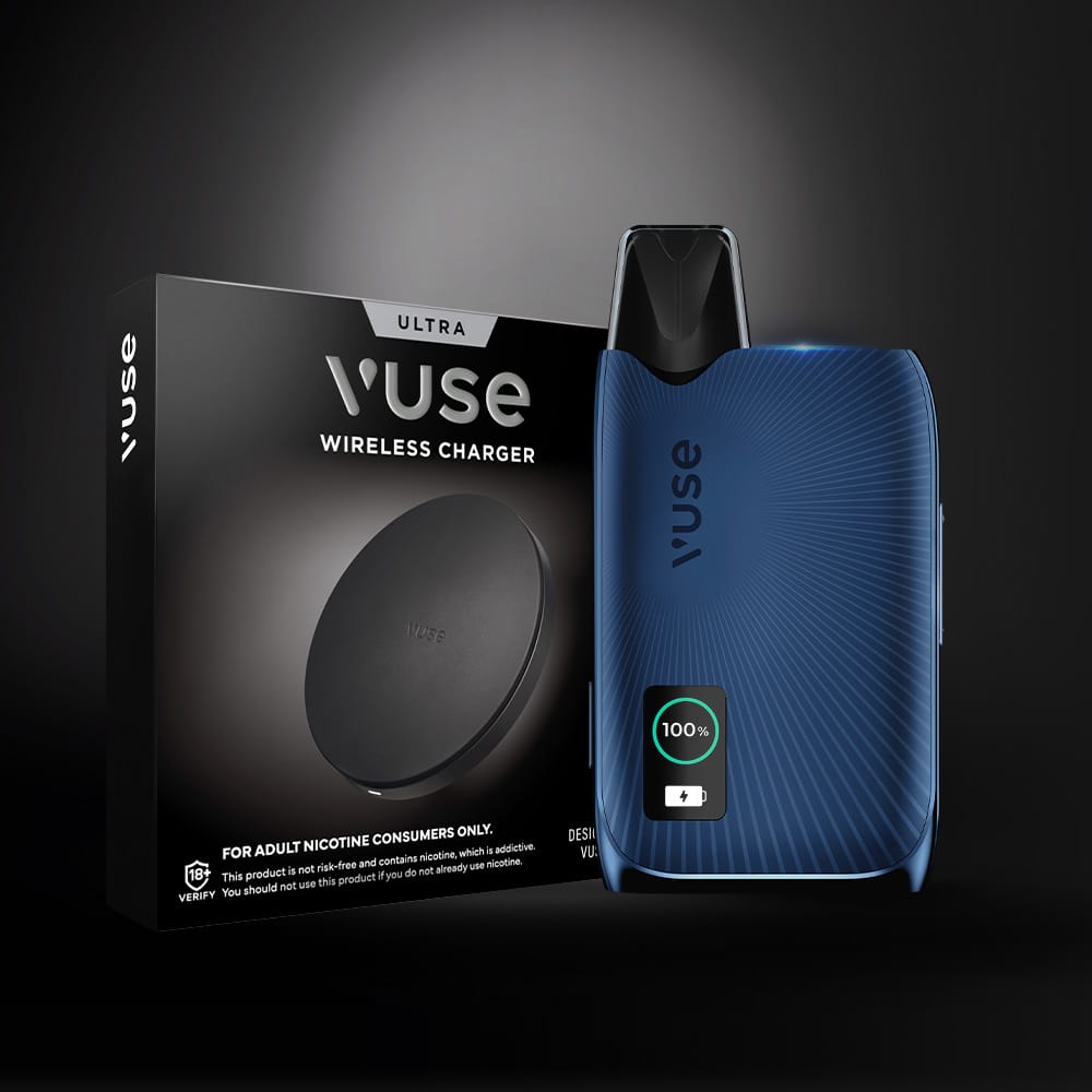 The Vuse Ultra Wireless Charger is shown with the Vuse Ultra vape device featuring a digital display, set against a dark background. The box displays the Vuse logo and an adult nicotine warning, emphasizing hassle-free wireless charging.
