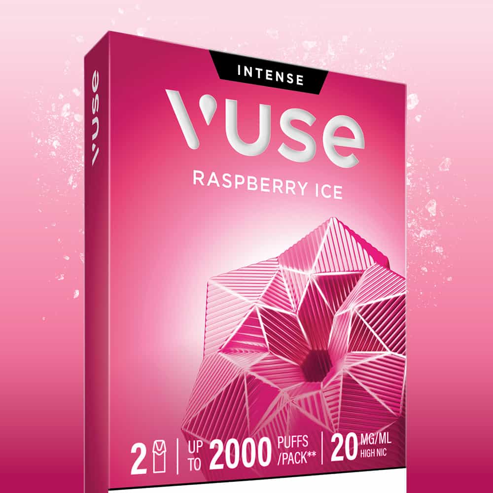 The Raspberry Ice Vuse Extra Intense Flavour Pods by Vuse come in distinctive pink packaging adorned with a geometric design and clearly marked as Vuse PRO compatible. Each pack highlights the INTENSE formula, containing 2 pods of Raspberry Ice with up to 2000 puffs per pack, crafted with nic salts and 20 mg/ml high nicotine content.