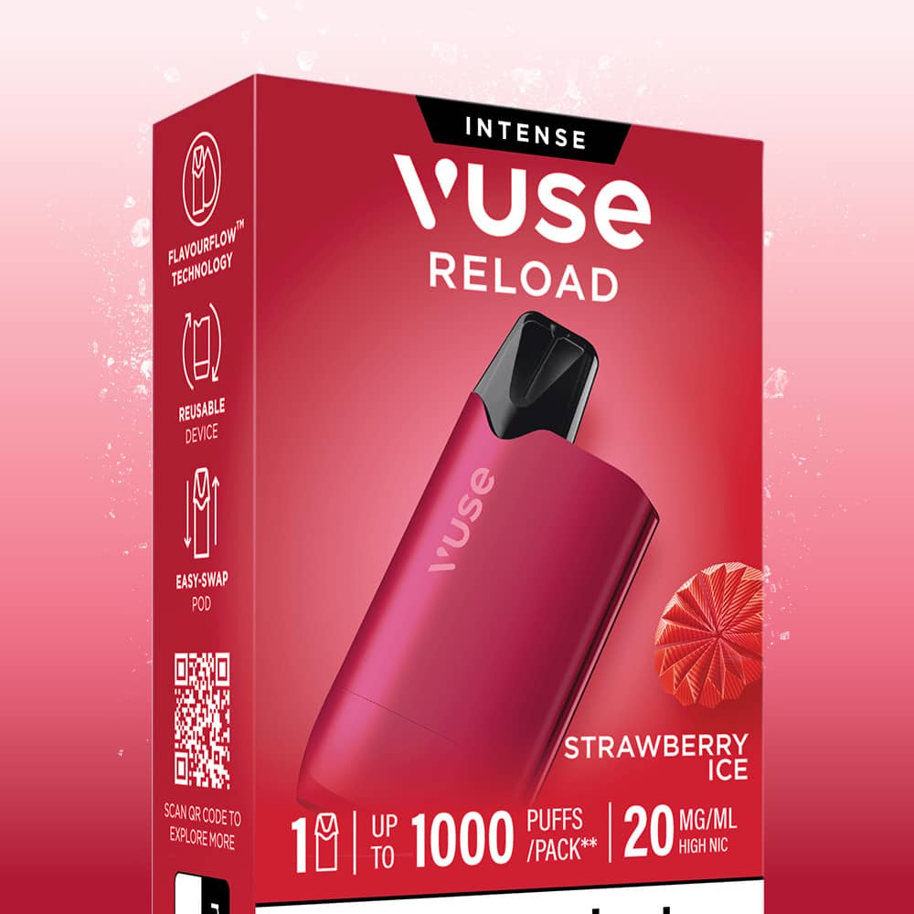 A red rectangular Strawberry Ice Vuse Reload Box showing a vape pod, a sliced strawberry, and text indicating 1000 puffs and 20 mg/ml nicotine.