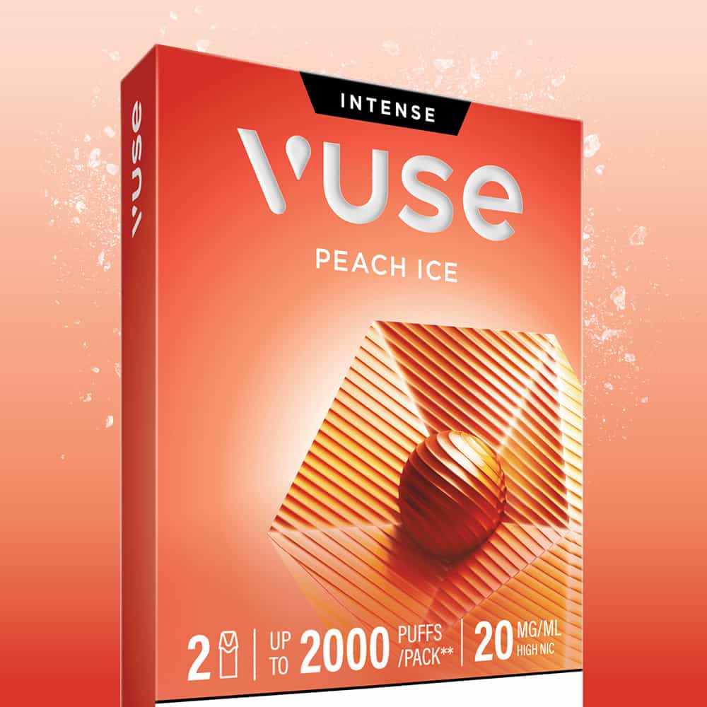 The Peach Ice Vuse Extra Intense Flavour Pods packaging features a vibrant orange and peach design and emphasizes up to 2000 puffs per pack with a high nicotine strength of 20 mg/ml. The box contains two pods per pack, highlighting the convenience of Vuse pre-filled e-liquid pods for an easy and enjoyable vaping experience.