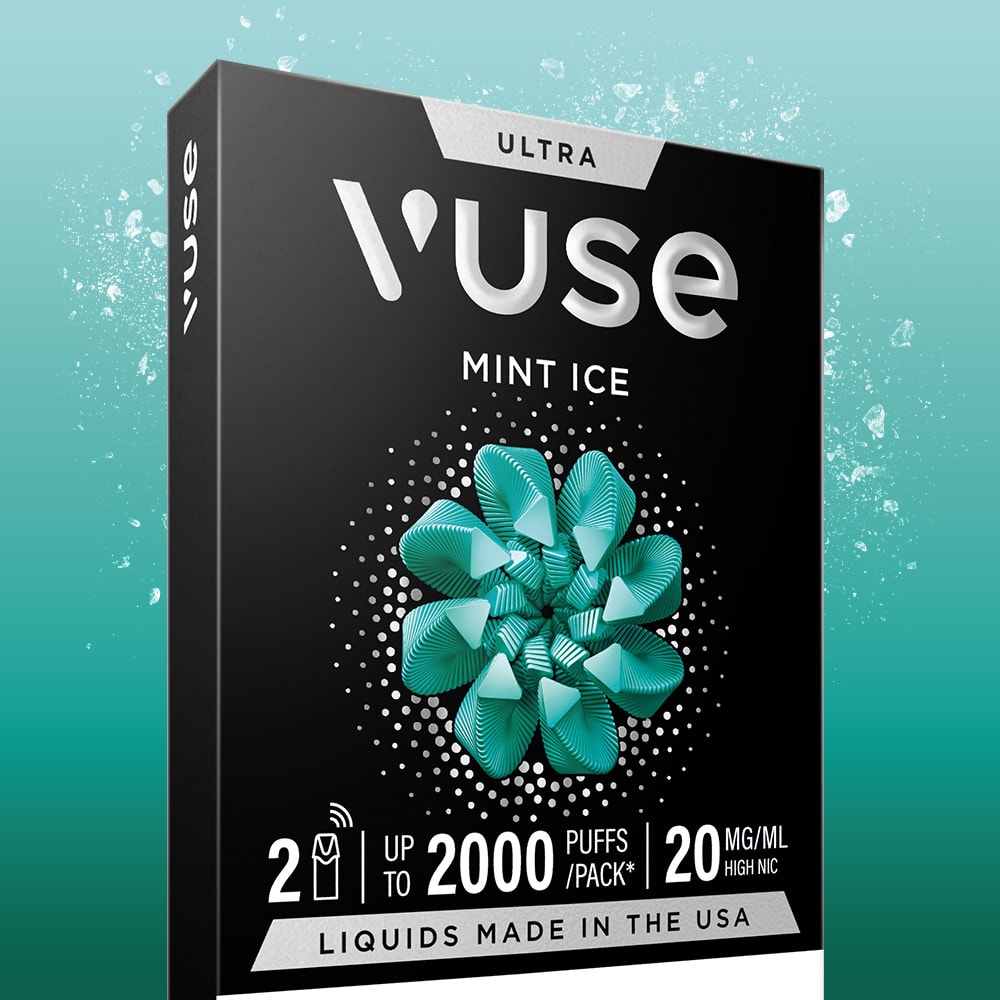 The Vuse Mint Ice Ultra Smart Pod box features a teal geometric design, offers up to 2000 puffs per device, 20 mg/mL nicotine, includes two pods per pack, and uses US-made liquids for a cool vaping experience.