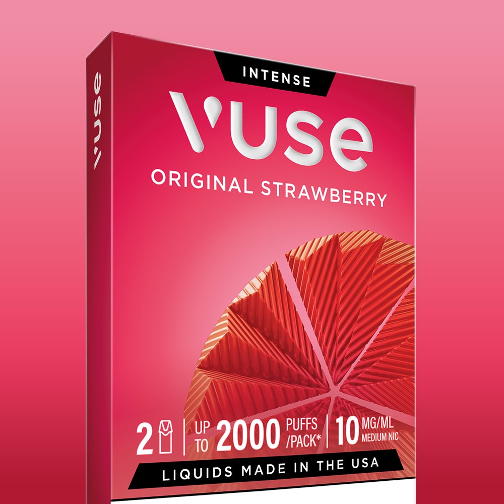 A box of Vuse Original Strawberry Vuse Extra Intense Flavour Pods contains 2 pre-filled pods (up to 2000 puffs/pack, 10 mg/ml), with liquids made in the USA. Features a strawberry graphic in red and pink on the packaging.