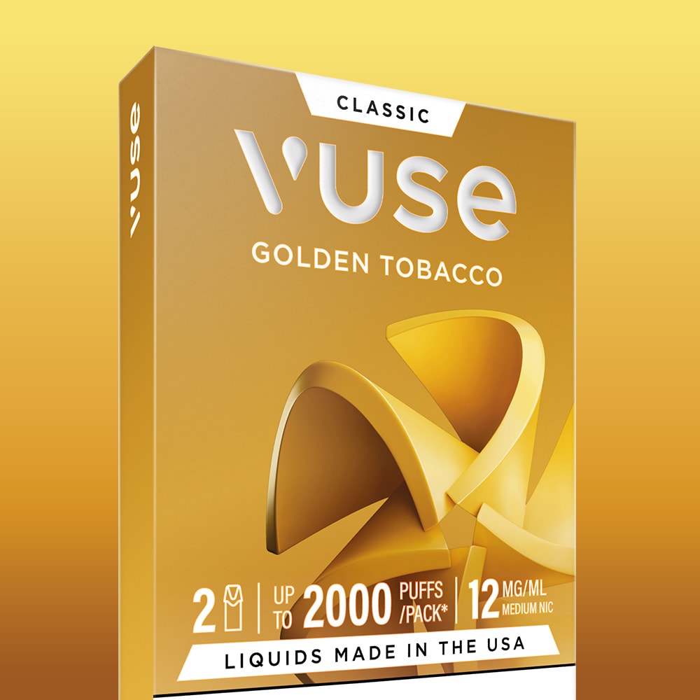 A golden box of Golden Tobacco Vuse Classic Flavour Pods, with abstract gold shapes, contains 2 Vuse pod nic salts, offers up to 2000 puffs per pack, 12mg/mL nicotine, and notes that the liquids are made in the USA.