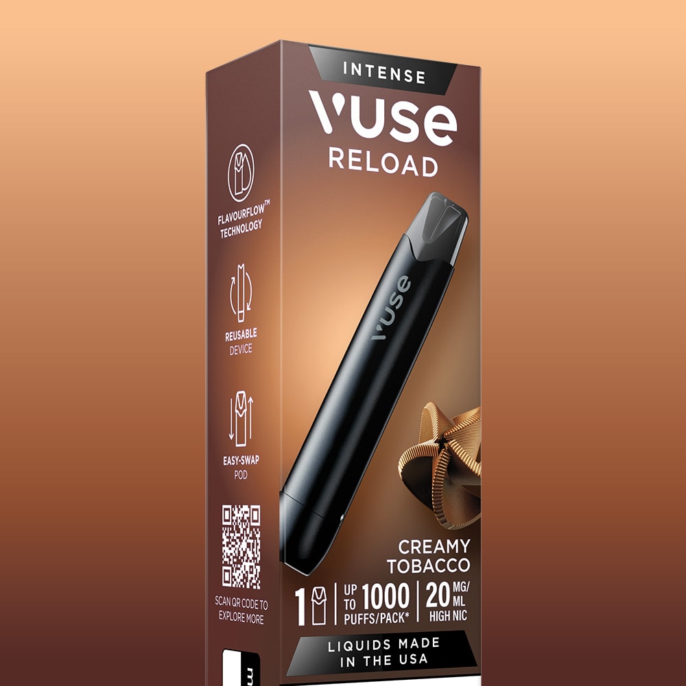 The Vuse Creamy Tobacco Vuse Reload Pen box showcases up to 1000 puffs, 20mg nicotine, a premium design, Extra Intense Pods in Creamy Tobacco flavor, and an image of the sleek vape pen.