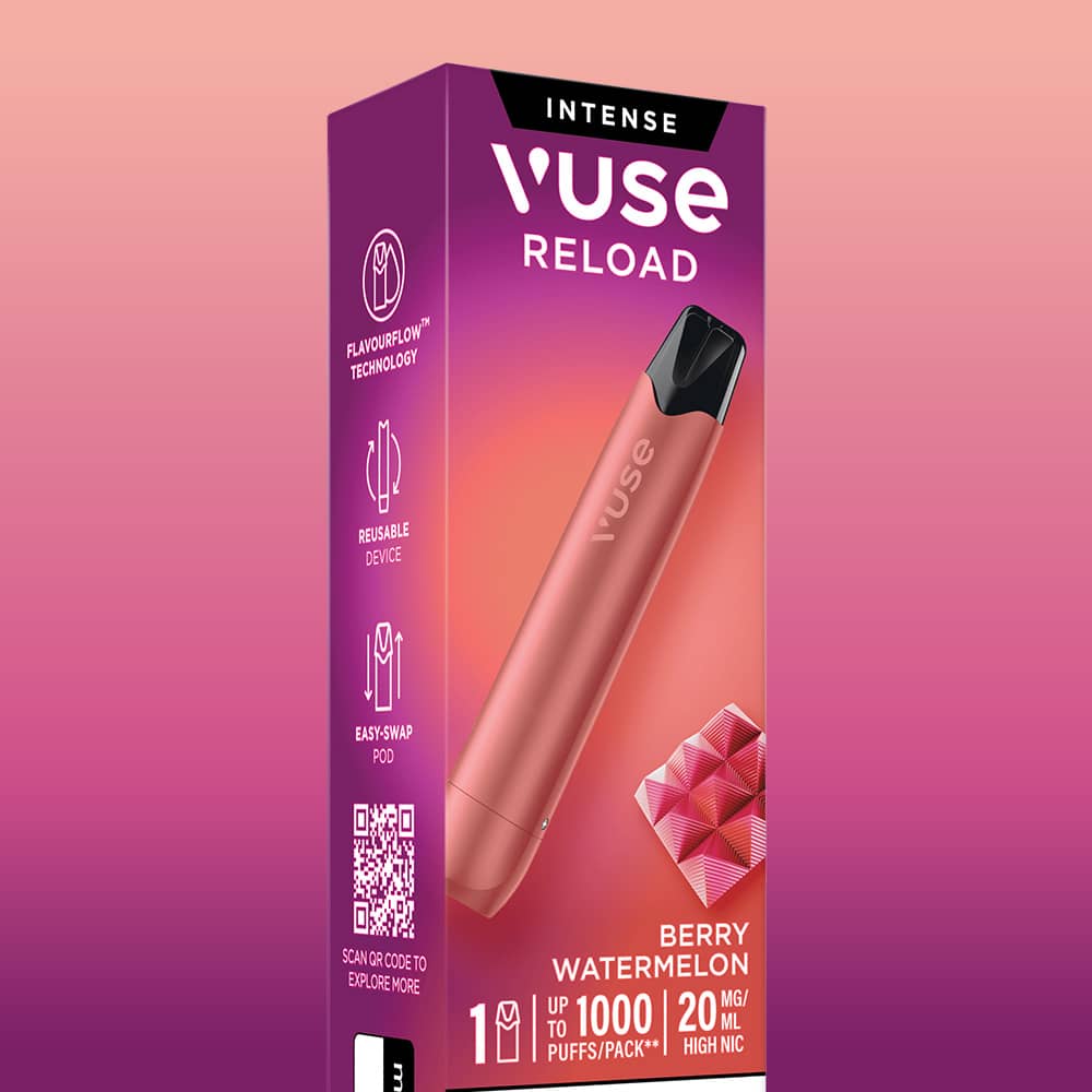 A pink Berry Watermelon Vuse Reload vape pen shown in front of its retail box, which displays features, flavor, and nicotine information.