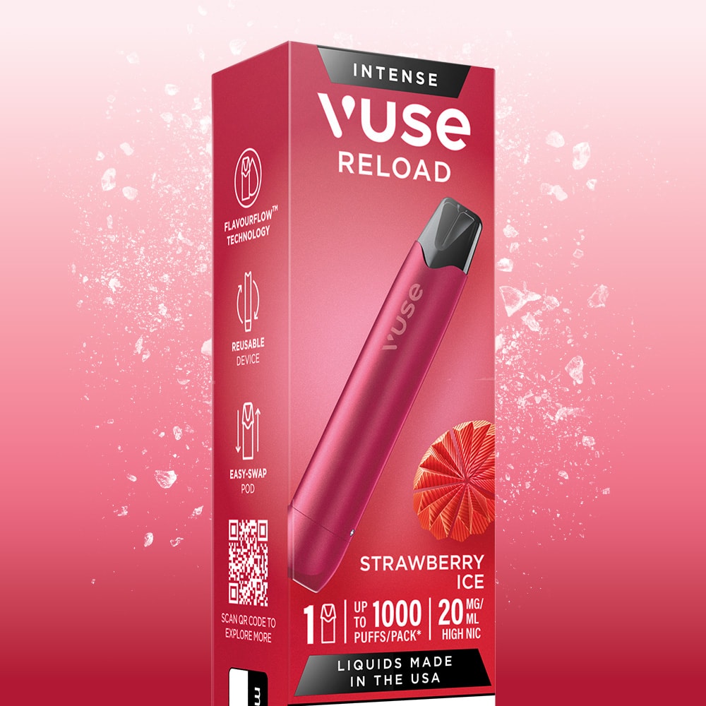 A pink box of the Vuse Strawberry Ice Reload Pen shows the device and prefilled pod, highlighting flavorflow tech, up to 1000 puffs, 20mg nicotine strength, and a QR code.