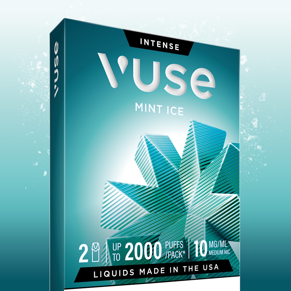 A Mint Ice Vuse Extra Intense Flavour Pods pack, featuring geometric mint leaf art on a teal gradient, includes 2 pre-filled pods (10 mg/mL, up to 2000 puffs), liquids made in the USA. Compatible with Vuse PRO. Brand: Vuse.