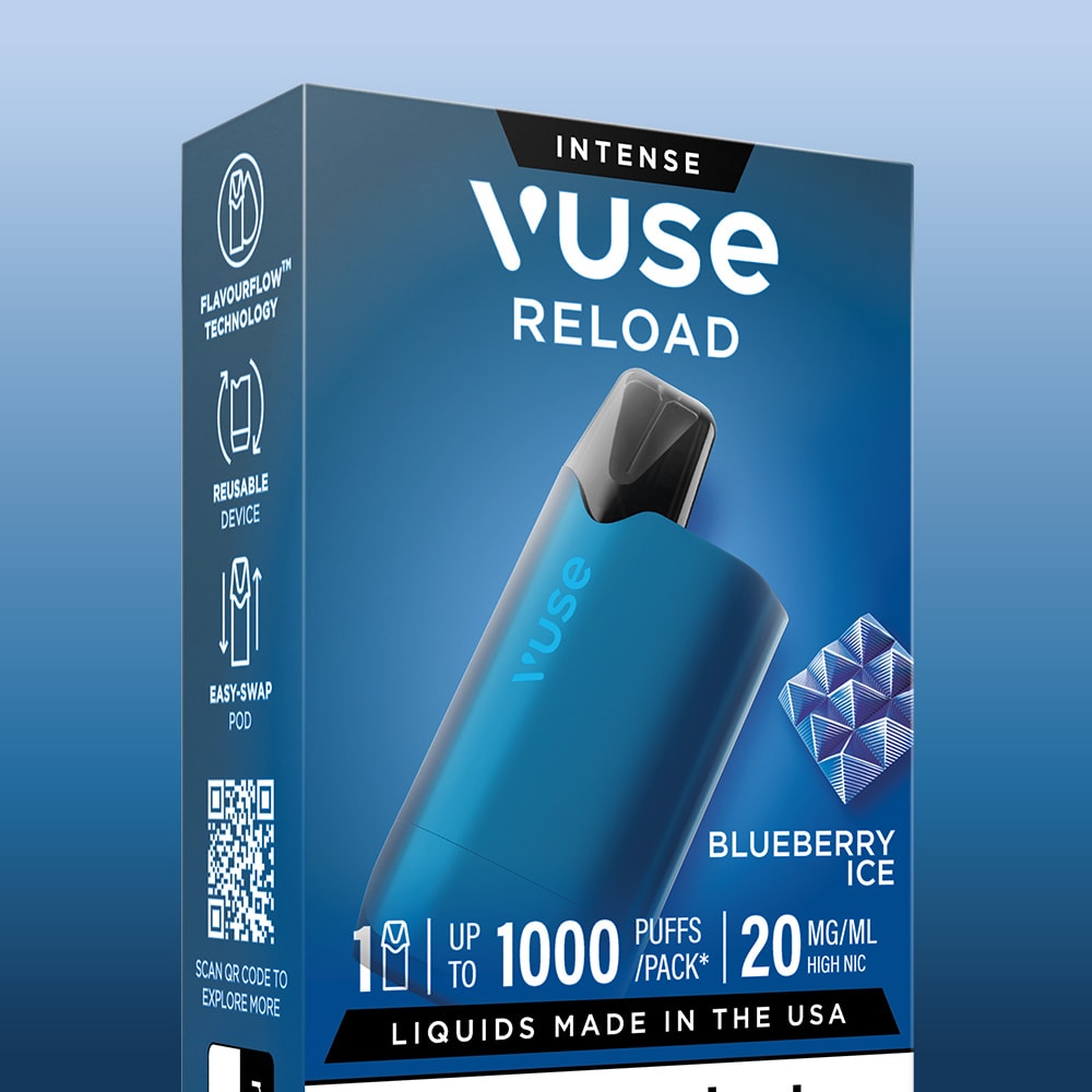 The Blueberry Ice Vuse Reload Box by Vuse showcases the reusable vape device, flavor cubes, key features, 20 mg/ml nicotine, and up to 1000 puffs per pack. The box uses icons and bold text for an intense blueberry ice experience.