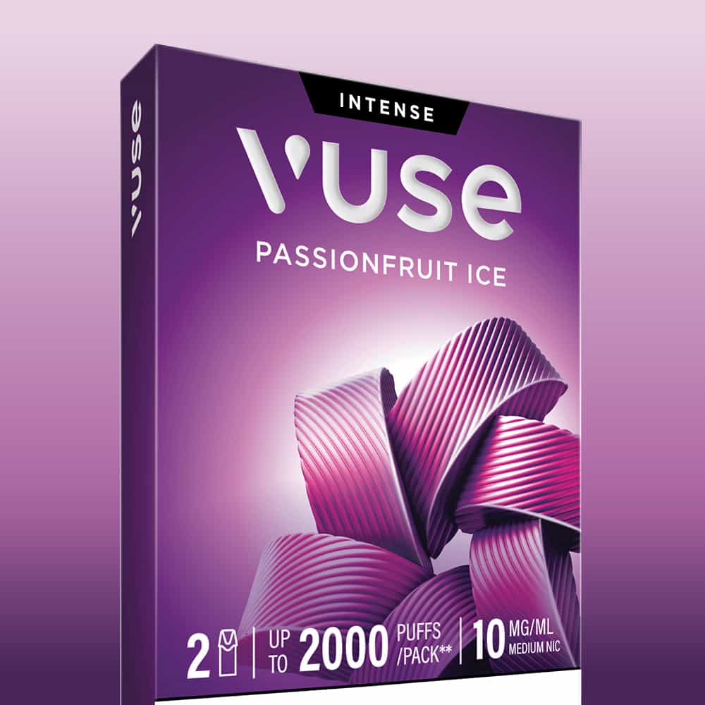 A sleek purple box of Passionfruit Ice Vuse Extra Intense Flavour Pods by Vuse, highlighted by a ribbon-inspired design and clear “Extra Intense” labeling. Each pack contains 2 pre-filled e-liquid pods, offering up to 2000 puffs with a moderate nicotine strength of 10 mg/mL—an effortless and sustainable vaping option for convenience-seekers.