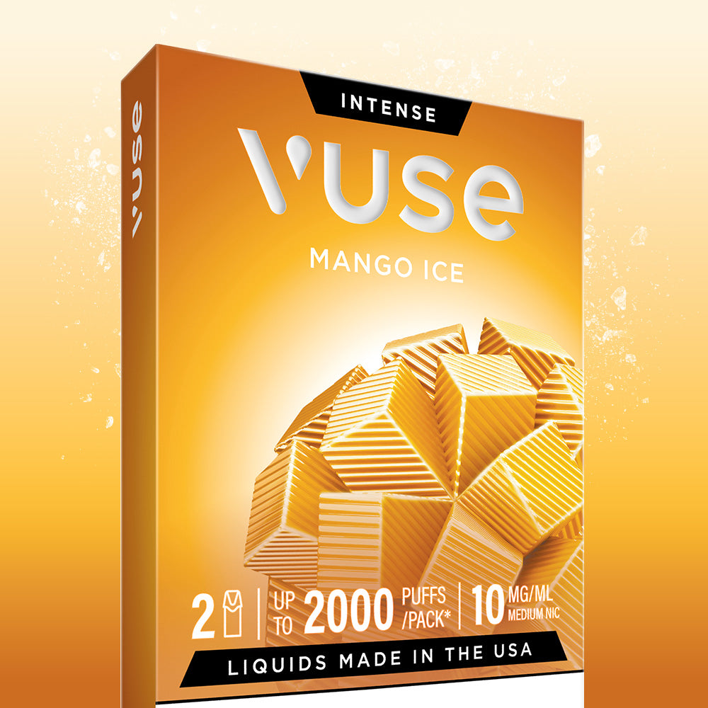 A Vuse vape package labeled Mango Ice Vuse Extra Intense Flavour Pods displays a geometric mango design on orange, highlights Vuse PRO compatibility, includes 2 pods for up to 2000 puffs/pack, and notes "Liquids Made in the USA" at the bottom.