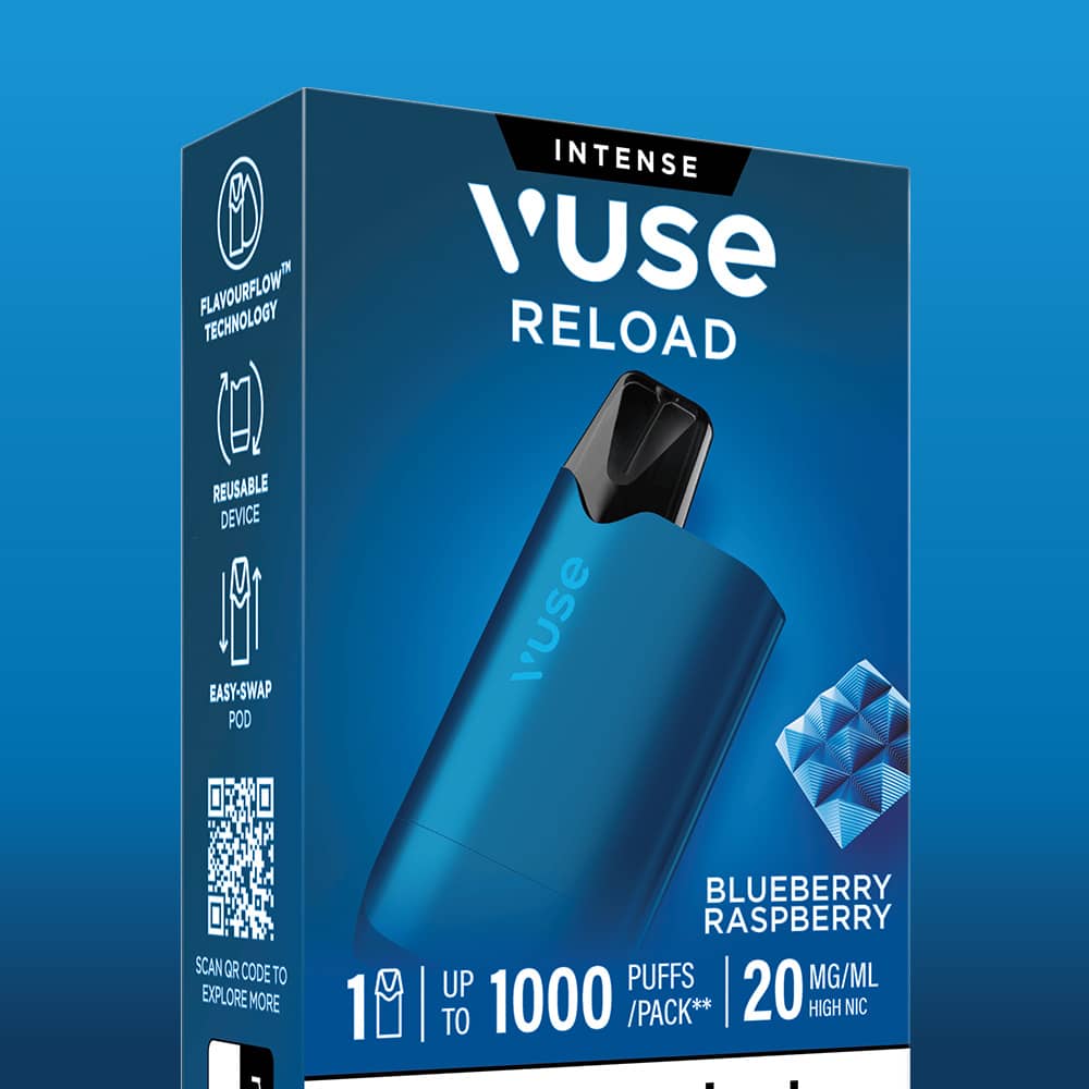 A light blue Blueberry Raspberry Vuse Reload Box vaping device displayed on a product box labeled with 1000 puffs and 20 mg/mL high nic.