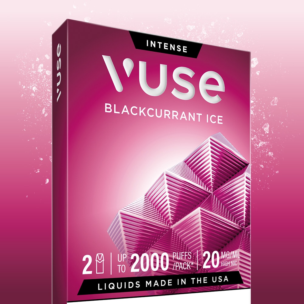 Pink and purple Blackcurrant Ice Vuse Extra Intense Flavour Pods packaging with geometric ice cube designs, highlighting Vuse PRO compatibility, up to 2000 puffs per pack, 20 mg/ml nicotine, and “Made in the USA.”.