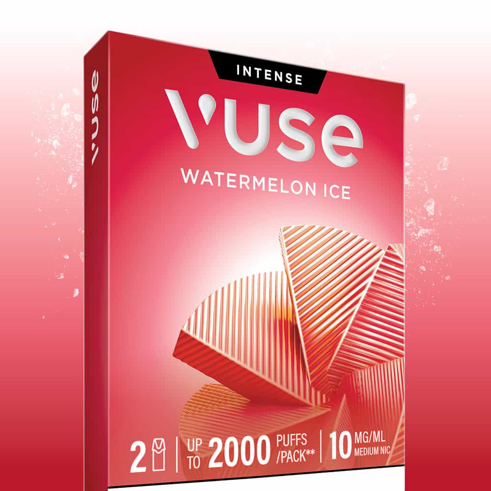 Watermelon Ice Vuse Extra Intense Flavour Pods packaging from Vuse showcases 2 PRO-compatible devices, each pre-filled with Watermelon Ice pods delivering up to 2000 puffs per pack and a nicotine strength of 10mg/ml. The design features vivid watermelon slice artwork set against a gradient pink backdrop, emphasizing the refreshing taste of the extra intense Vuse pre-filled e-liquid pods.