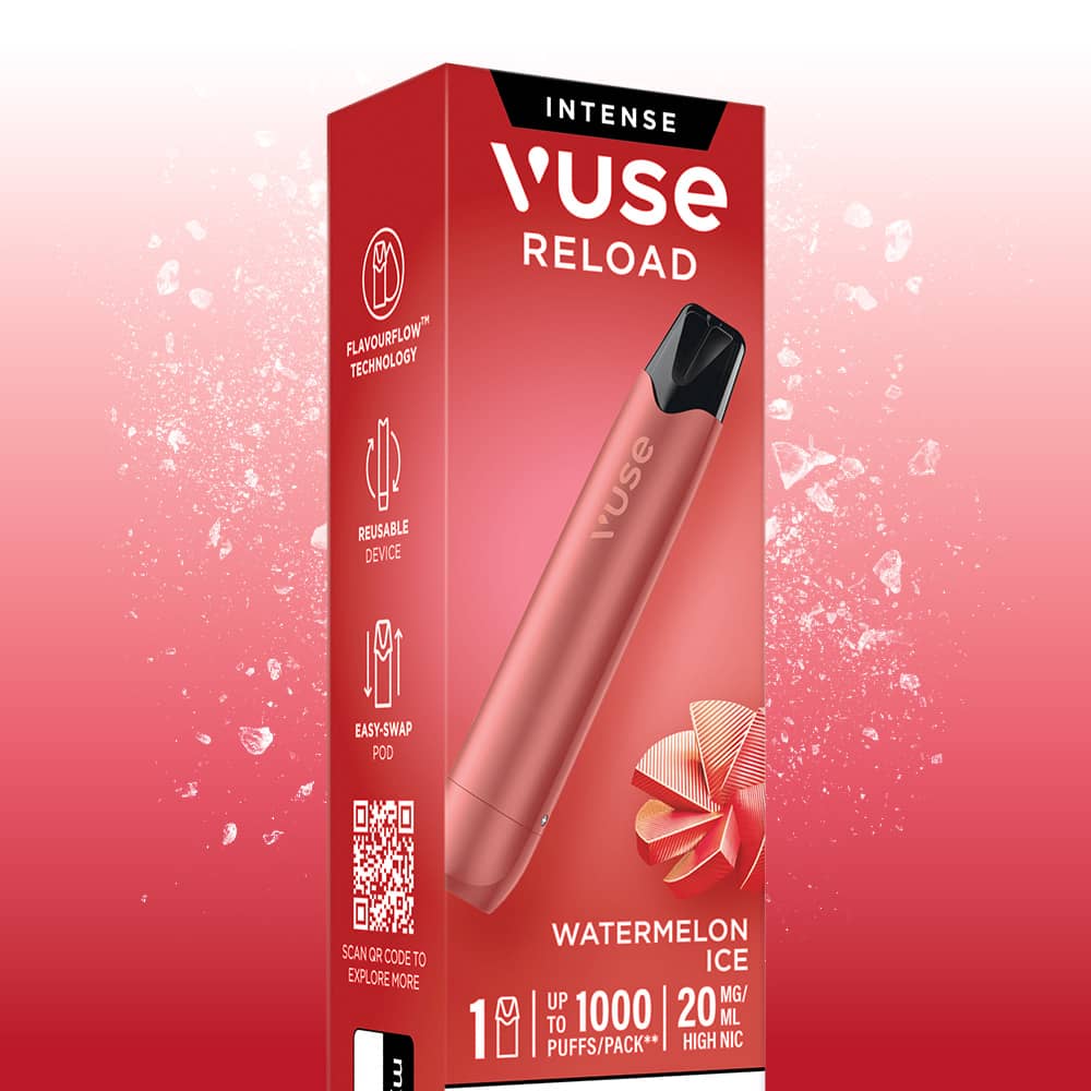 A pink Watermelon Ice Vuse Reload Pen next to its product box, which displays the flavor, a 1000 puff count, and 20 mg nicotine strength.