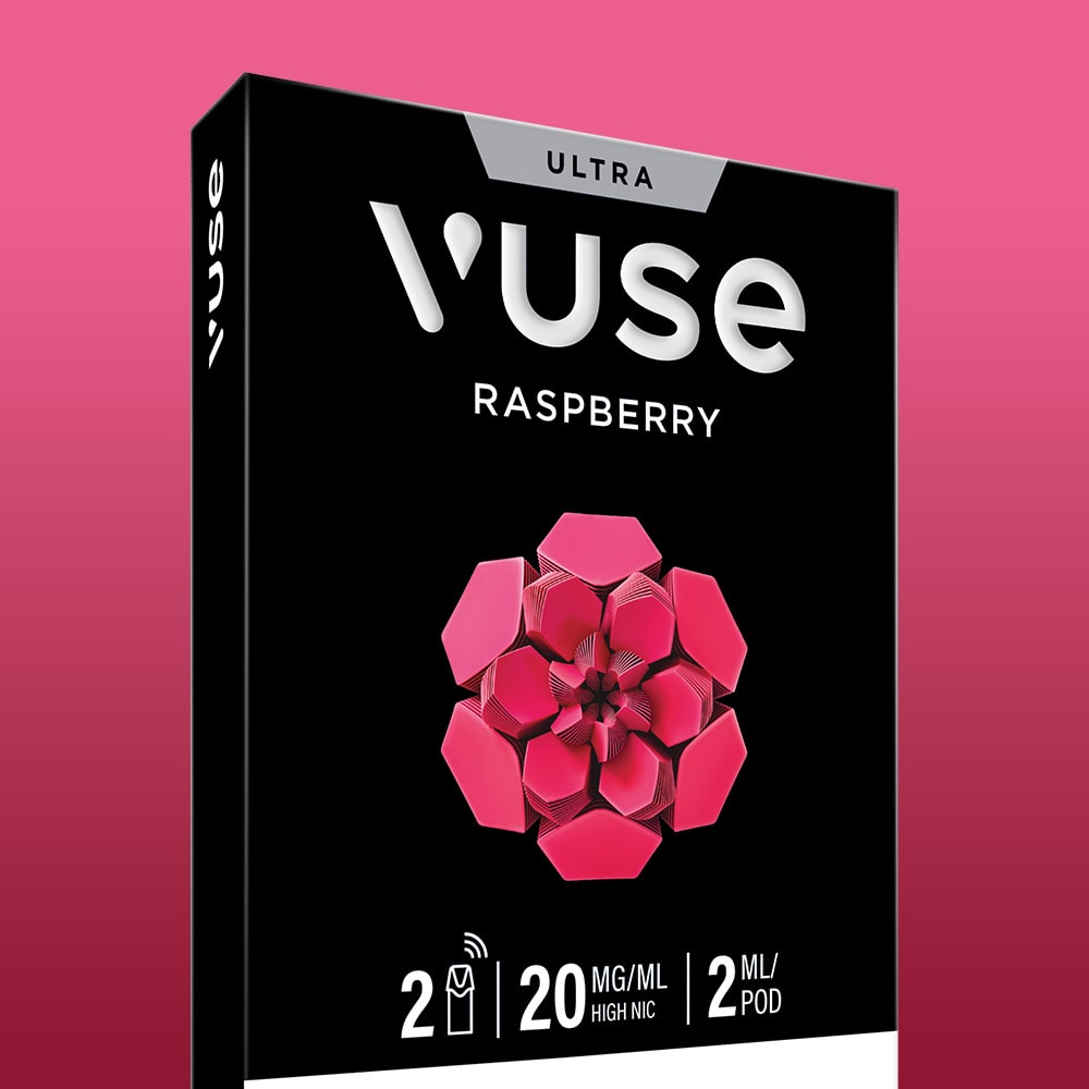 A Vuse Raspberry Ultra Smart Pod box with a pink geometric raspberry design displays 2 pods (ceramic heater, 20 mg/ml nicotine, 2 ml each) against a pink gradient background.