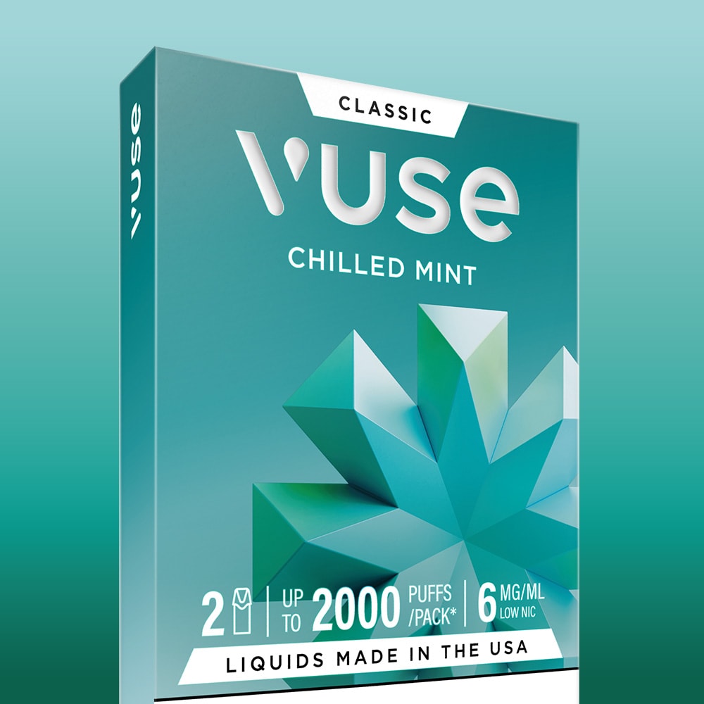 The Chilled Mint Vuse Classic Flavour Pods by Vuse come in a teal package with a geometric mint leaf design, featuring 2 pre-filled e-liquid pods (6 mg/ml nic salts), up to 2000 puffs per pack, with USA-made liquids.