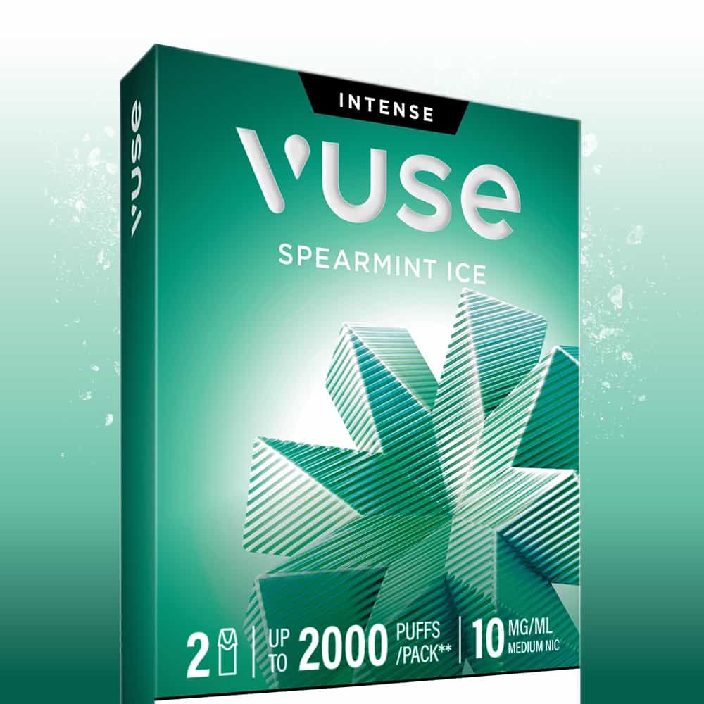 The Spearmint Ice Vuse Extra Intense Flavour Pods package from Vuse displays a refreshing green and white design, featuring two pods compatible with Vuse PRO devices. Each pack includes pre-filled Spearmint Ice pods, delivering up to 2000 puffs with 10 mg/mL medium nicotine strength for a smooth and invigorating vaping experience.