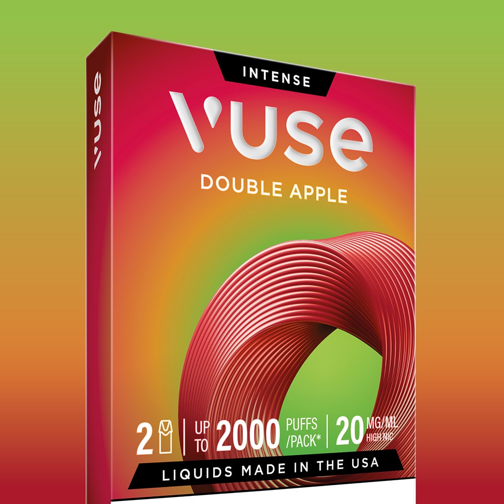 The Double Apple Vuse Extra Intense Flavour Pods packaging features a red and green gradient with a swirling ribbon design, highlighting 2000 puffs, 20mg/ml nic salts, and compatibility with Vuse pods.