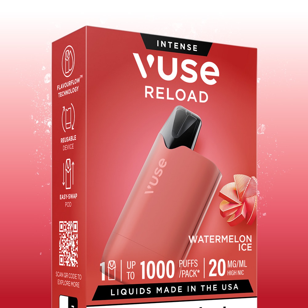 The Watermelon Ice Vuse Reload Box by Vuse features reusable packaging with up to 1000 puffs, 20 mg/mL nicotine, bold taste from FlavourFlow technology, and a vibrant ribbon graphic on the right.