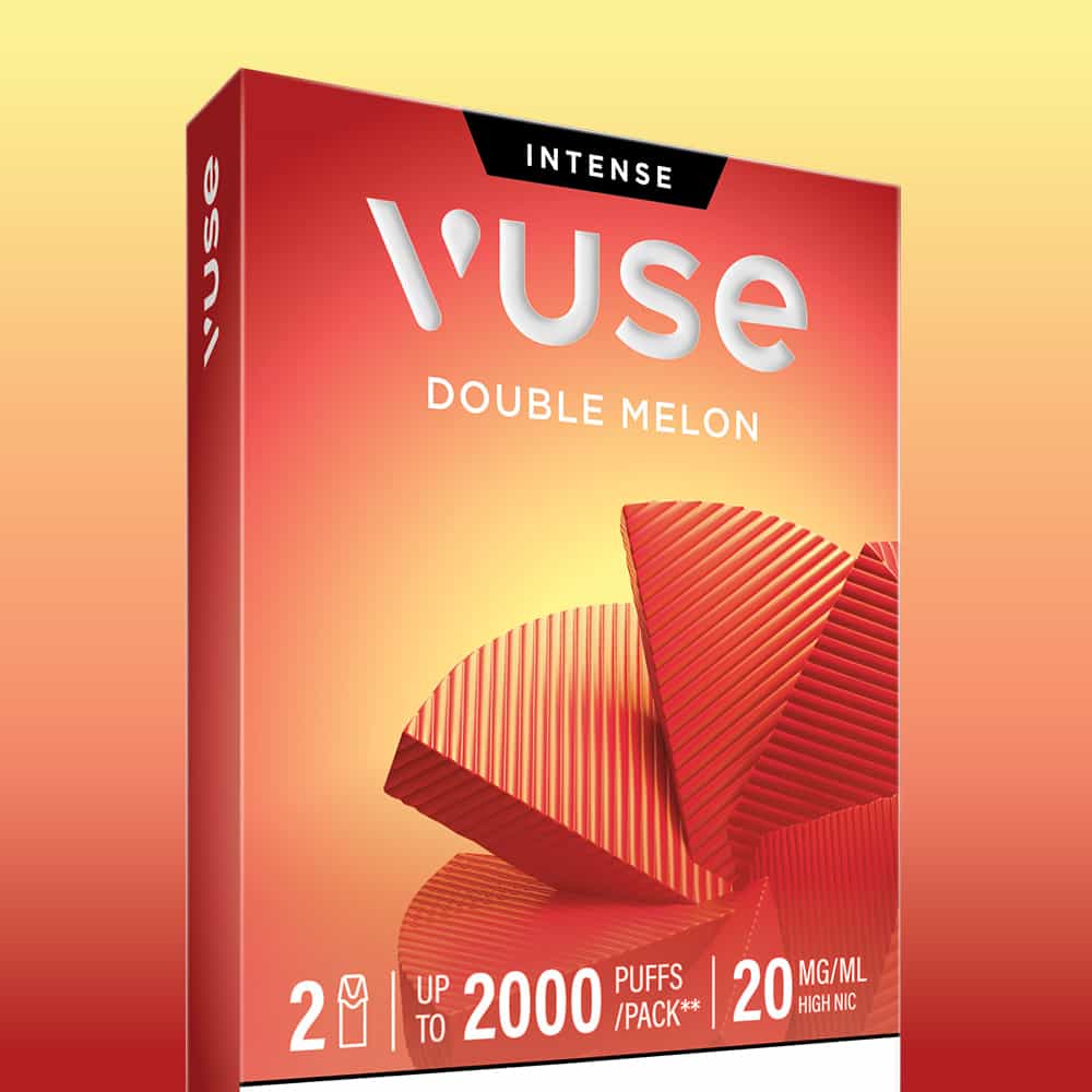 Vuse Double Melon Extra Intense Flavour Pods box showcases vibrant red, textured melon slices, with bold text highlighting “Extra Intense,” “Up to 2000 puffs/pack,” “20 mg/ml nic salts,” and “2 pre-filled e-liquid pods” on a striking red and yellow gradient background.