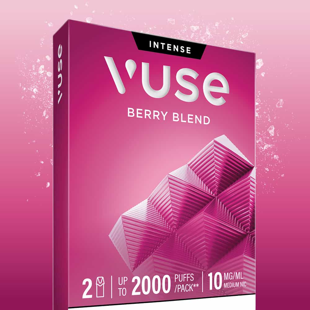 A striking pink gradient packaging for Vuse Berry Blend Extra Intense Flavour Pods, featuring geometric shapes and containing 2 pre-filled e-liquid pods per pack, each offering up to 2000 puffs and a nicotine strength of 10 mg/ml.