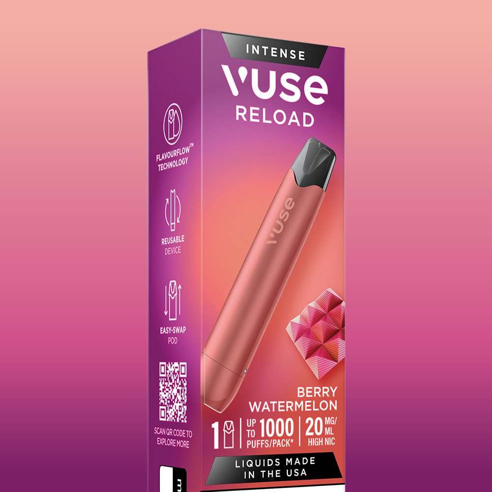 The Vuse Berry Watermelon Reload Pen in pink and purple offers 1000 puffs, 20mg nicotine, prefilled vape pod, easy-swap features, and displays the product image for a flavorful vaping experience.