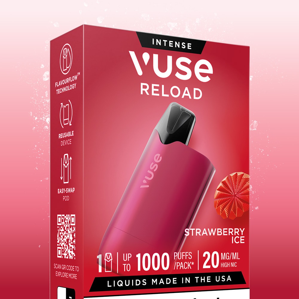 The Strawberry Ice Vuse Reload Box by Vuse features a red package with a premium vape device, sliced strawberry image, Extra Intense Pods, 20mg/ml nicotine, and up to 1000 puffs per box.