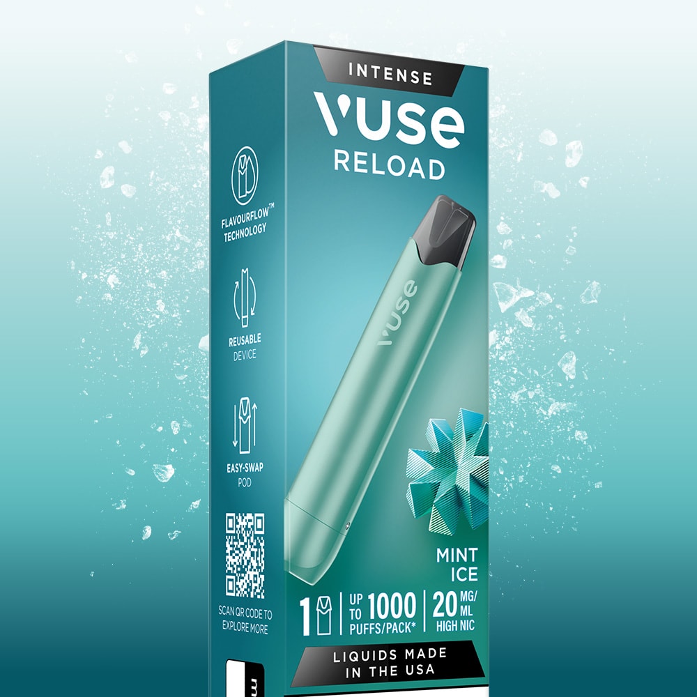 Aqua Mint Ice Vuse Reload Pen package shows the reusable vape device, ice graphics, and features like up to 1000 puffs, 20 mg/mL nicotine, Intense label, and made in the USA.