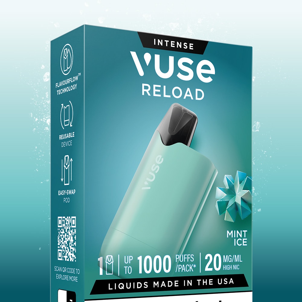The Mint Ice Vuse Reload Box by Vuse comes in teal packaging labeled INTENSE. It includes a Mint Ice prefilled pod, offers up to 1000 puffs with 20 mg/mL nicotine, and is a reusable vape featuring flavor flow technology.