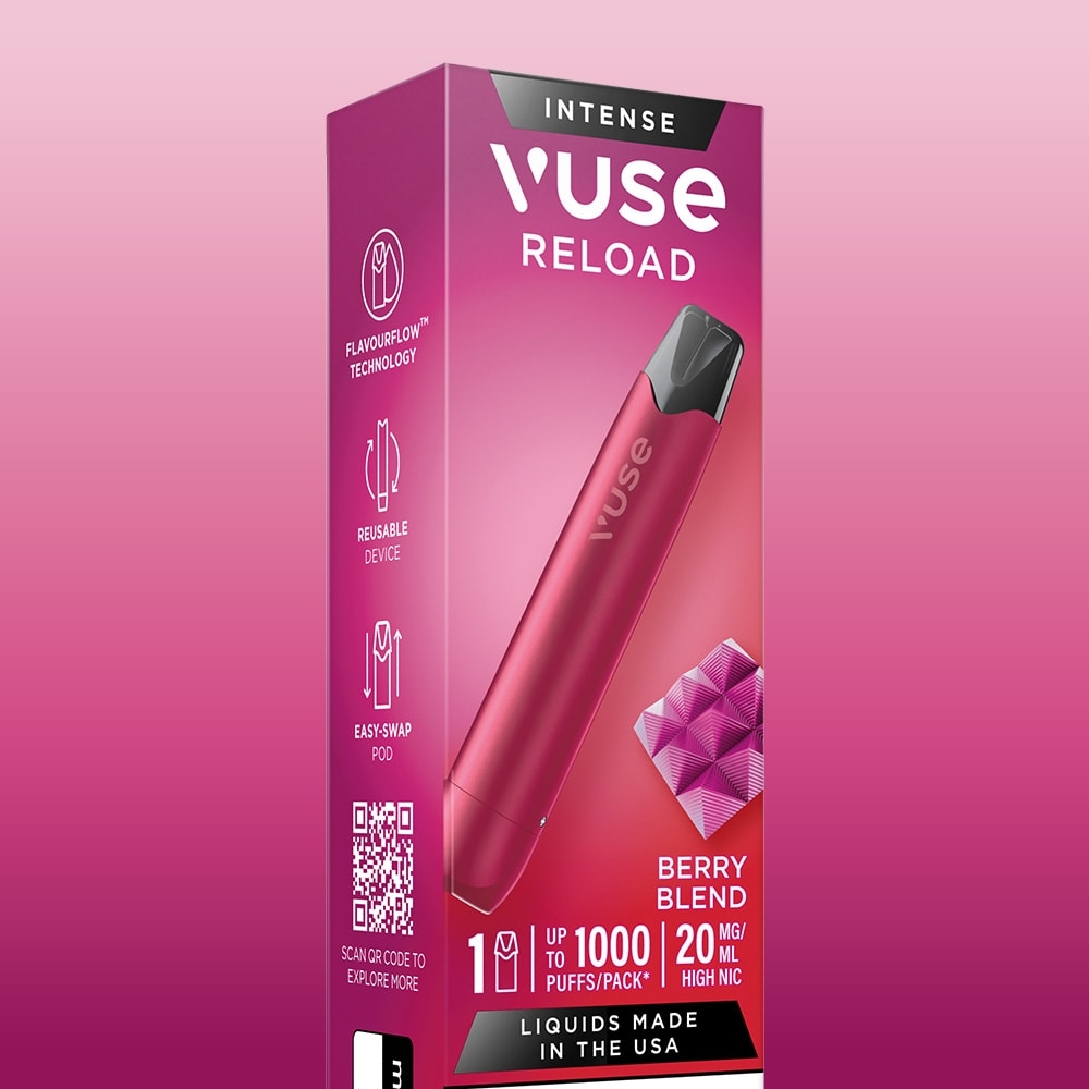 The Berry Blend Vuse Reload Pen is shown on its packaging with 1000 puffs per pack, 20mg nicotine strength, and icons for advanced tech and reusability. The product is by Vuse and features the Intense Berry Blend flavor.