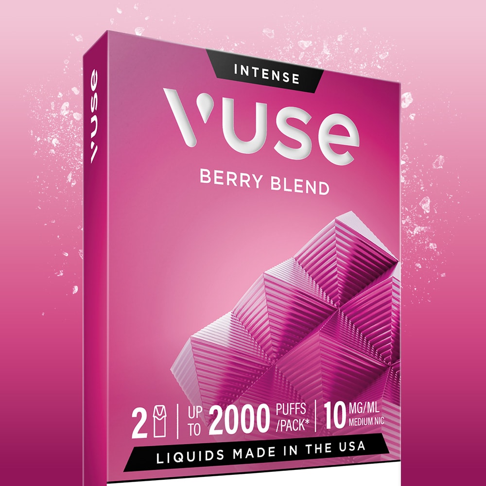 A pink pack of Berry Blend Vuse Extra Intense Flavour Pods features geometric designs, includes 2 pre-filled pods (up to 2000 puffs per pack), 10 mg/mL nicotine, and Liquids Made in the USA—for sustainable vaping.