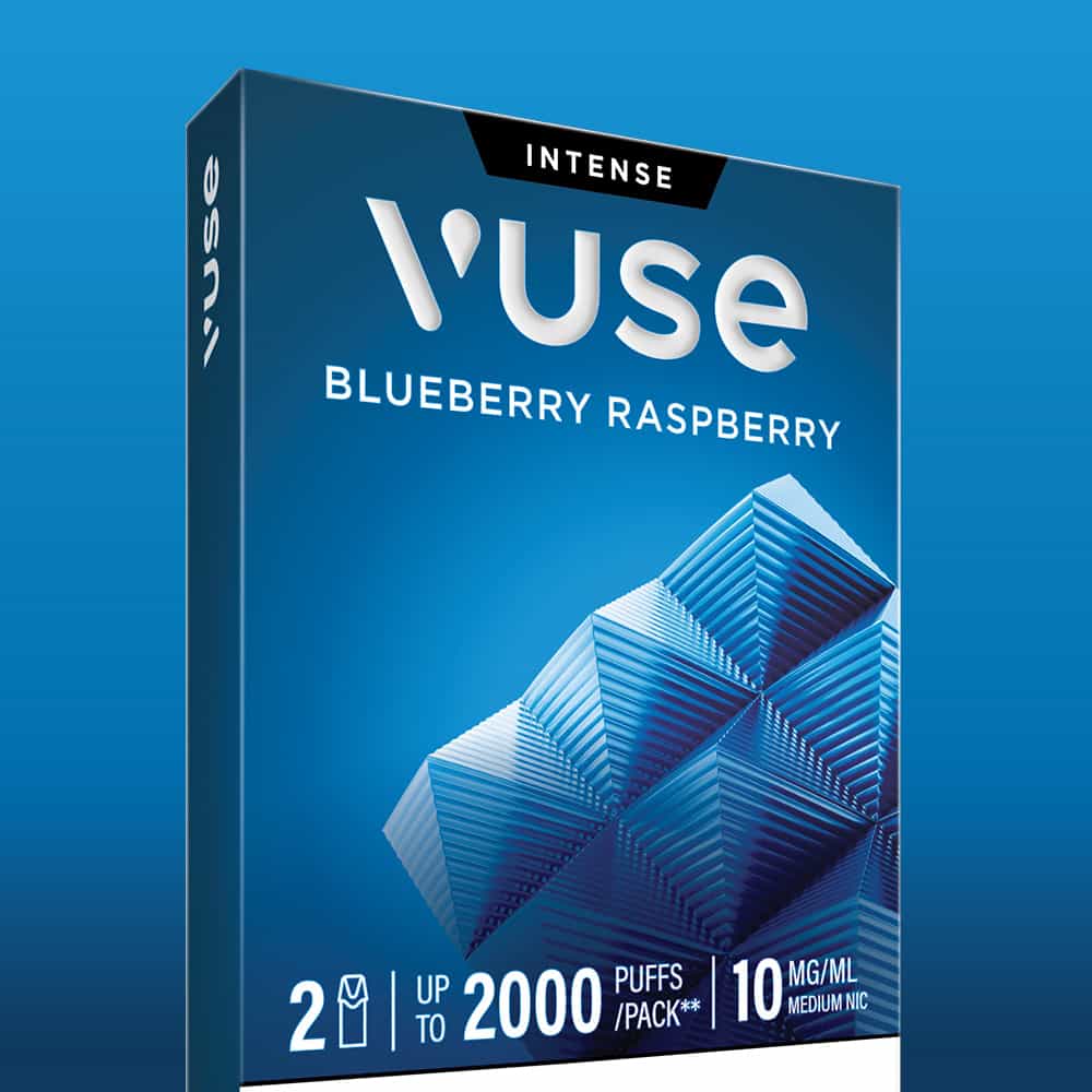 Introducing the Vuse Blueberry Raspberry Extra Intense Flavour Pods—each box showcases sleek blue geometric designs and contains Vuse pre-filled e-liquid pods for effortless convenience. Enjoy up to 2000 puffs per pack, a medium 10 mg/ml nicotine strength, and two Vuse PRO compatible devices included inside.