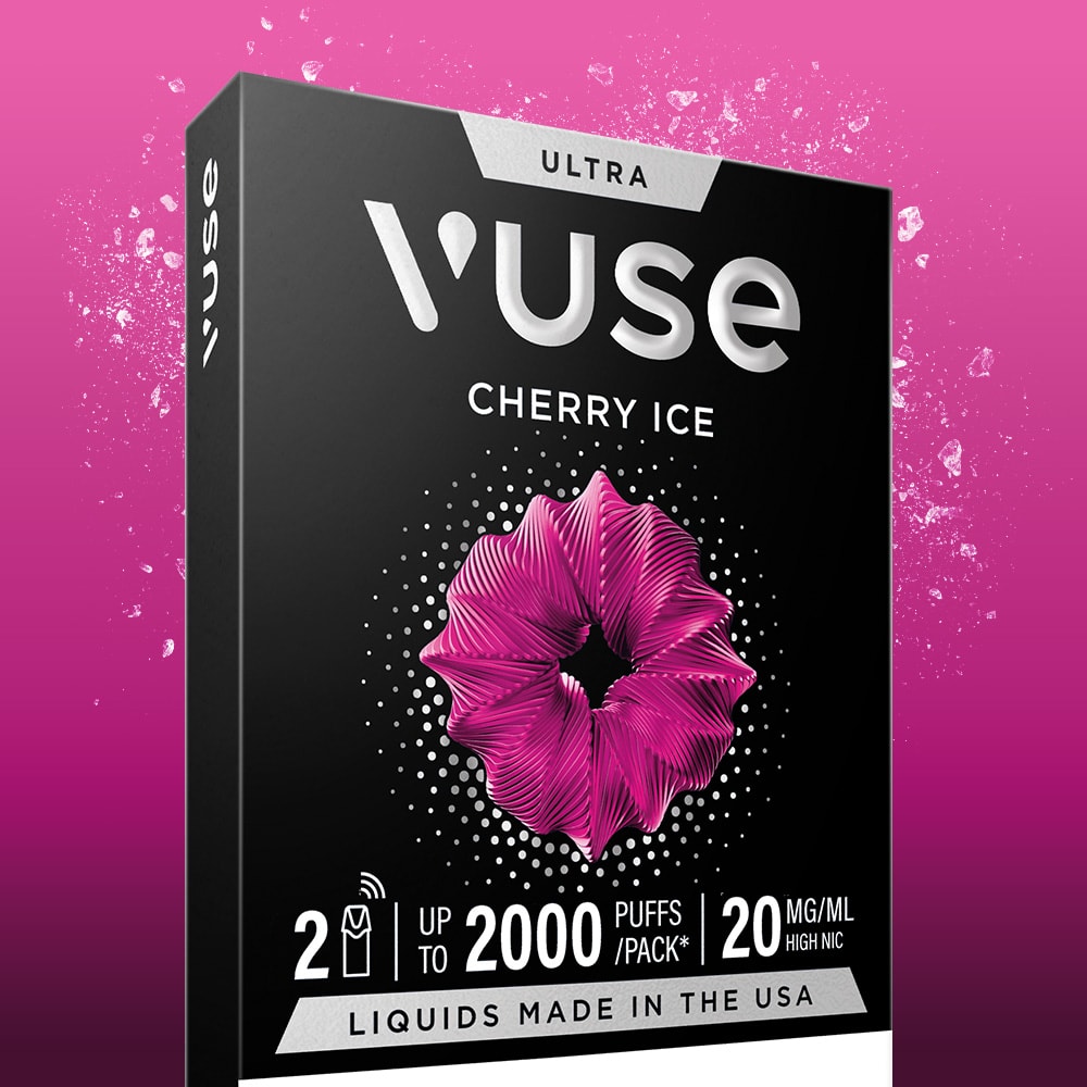 The Cherry Ice Ultra Smart Pod vape features a pink abstract package design, 2 devices per pack, up to 2000 puffs, 20 mg/ml nicotine strength, and USA-made liquids—all on a vibrant pink gradient background.