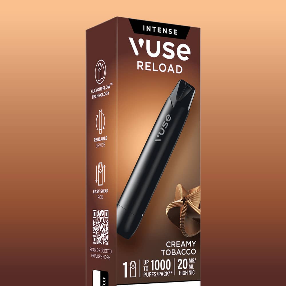 A black Creamy Tobacco Vuse Reload Pen displayed in front of its product packaging, which lists flavor information, nicotine strength, and features icons for device technology.