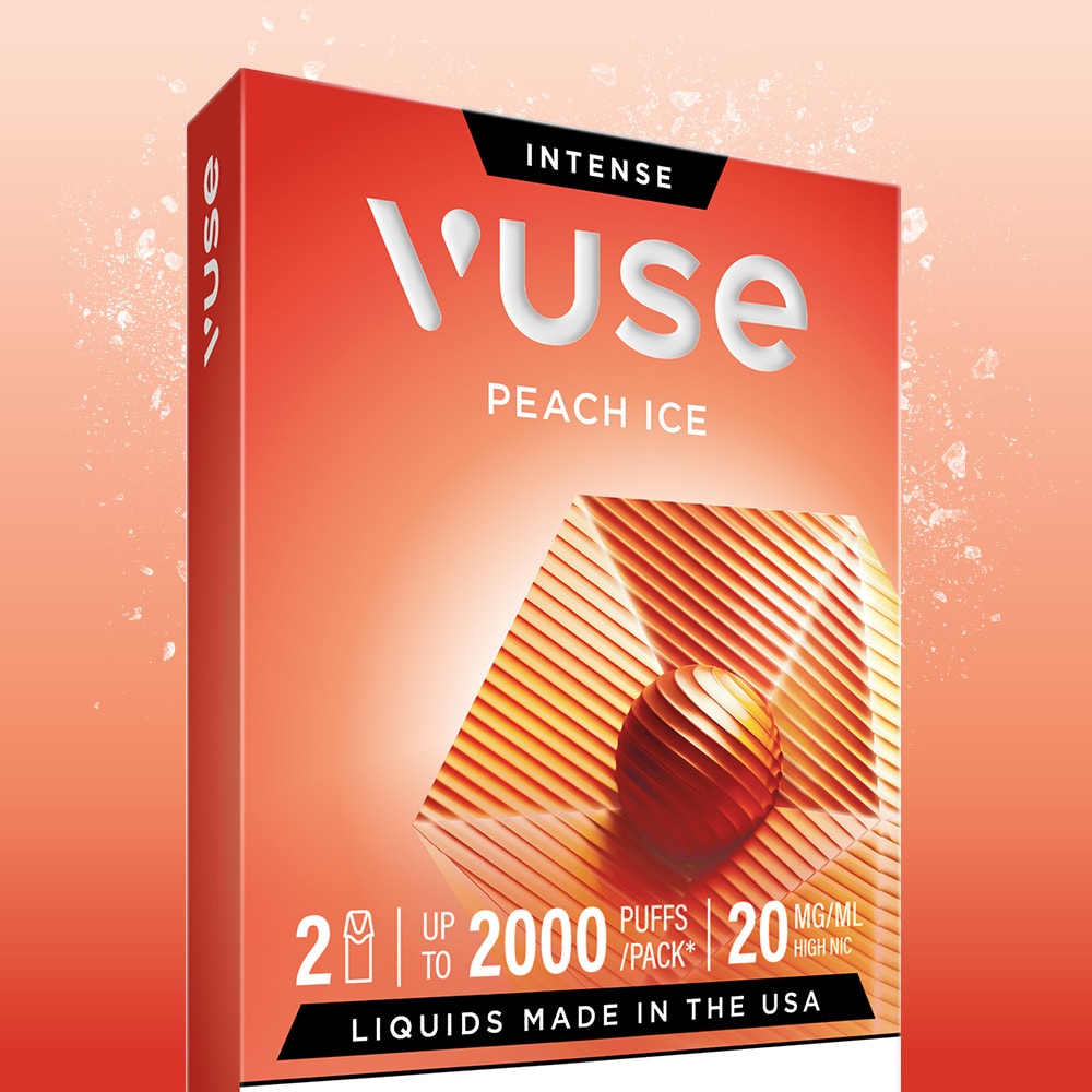 A red-orange Peach Ice Vuse Extra Intense Flavour Pods box with a geometric sphere and diagonal lines. Contains 2 pre-filled pods, delivers up to 2000 puffs per pack, 20 mg/mL nicotine strength, and liquids made in the USA.