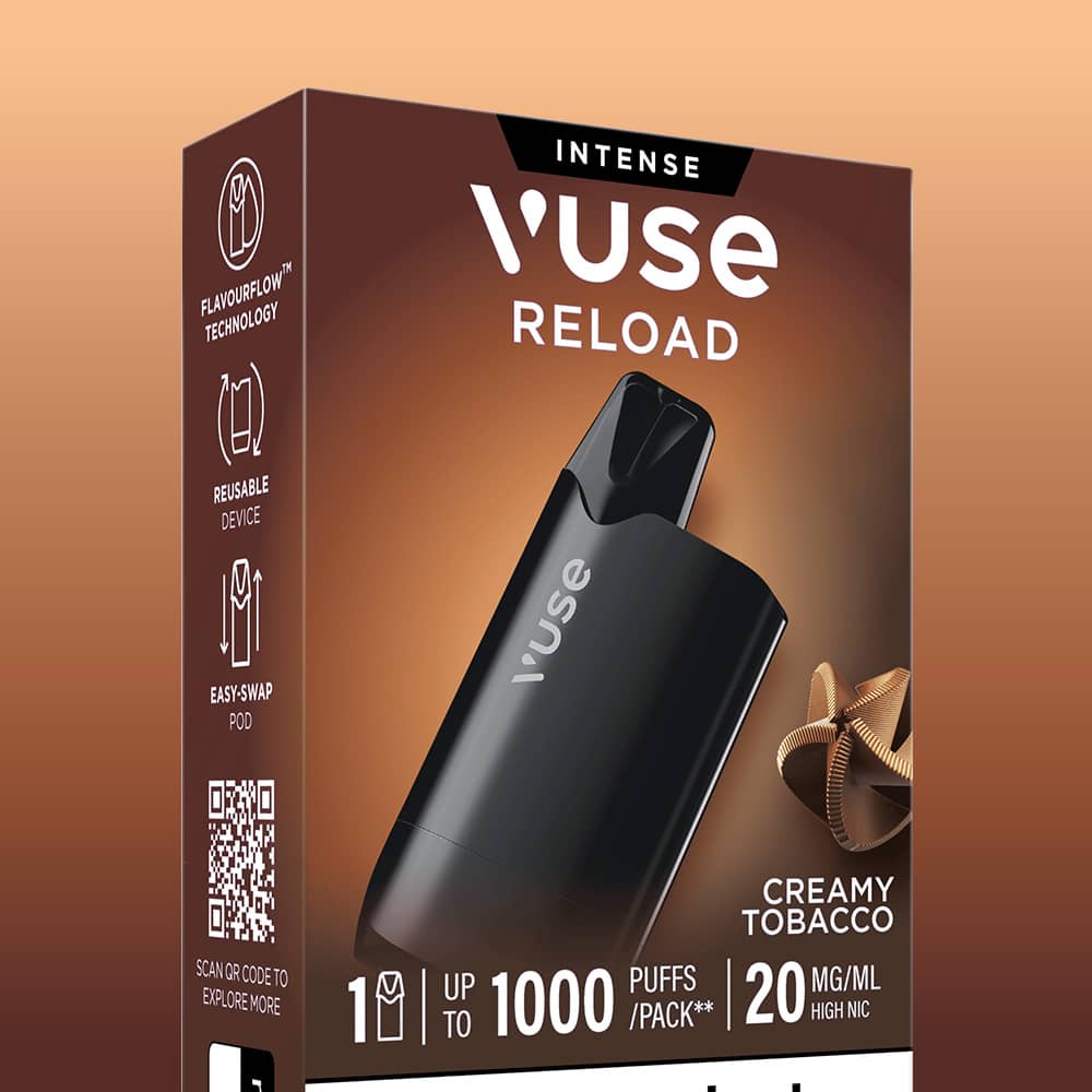 Rectangular Creamy Tobacco Vuse Reload box featuring a black prefilled vape pod, labeled with flavor, nicotine strength, and puff count.