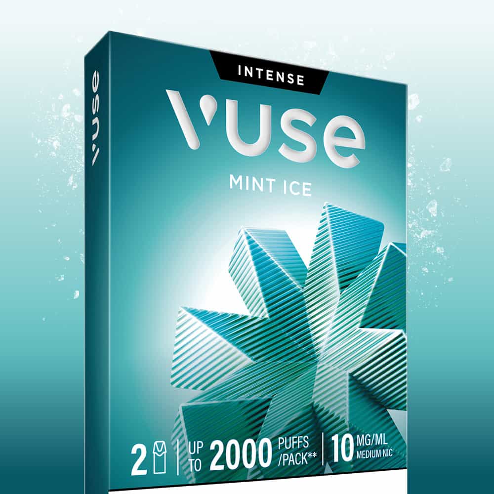 Vuse Mint Ice Extra Intense Flavour Pods box displaying the product name, a mint leaf graphic, and details: 2 devices included, up to 2000 puffs per pack, 10 mg/ml nicotine (medium strength). Compatible with Vuse PRO and designed for use with pre-filled Mint Ice Vuse Pods e-liquid.