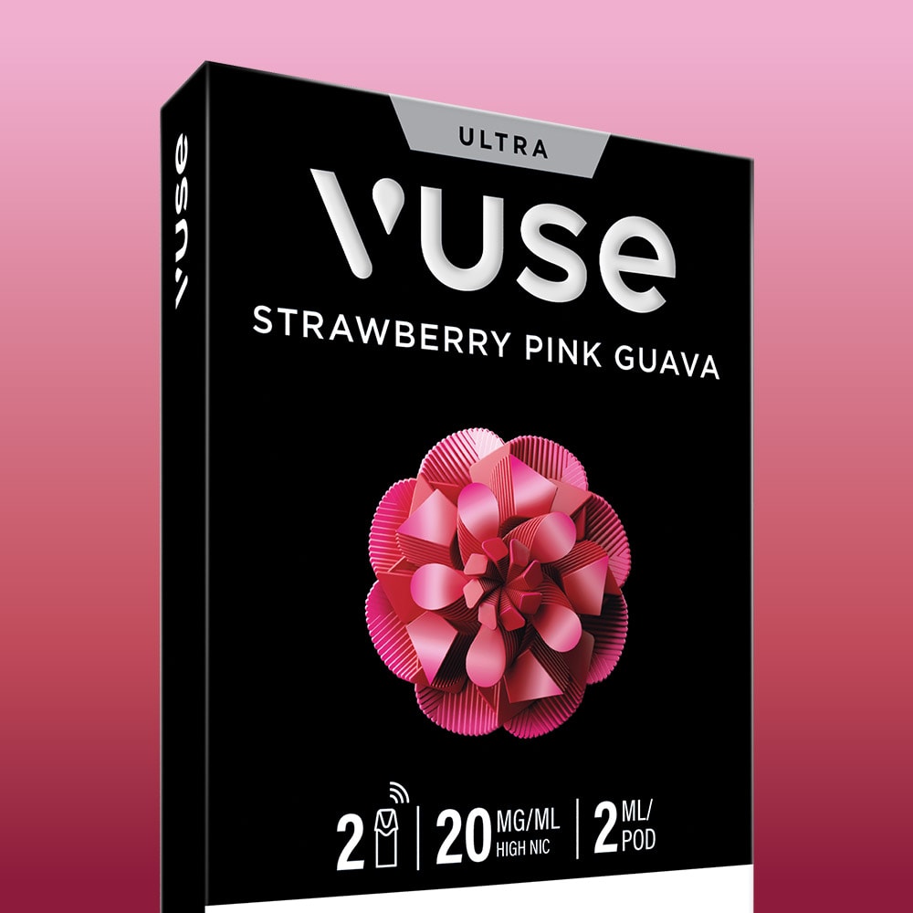 A black box of Vuse Strawberry Pink Guava Ultra Smart Pods, featuring a pink and red abstract flower design, ceramic heater tech, Flavour AutoTune, 2 pods (2ml each), and 20mg/ml nicotine strength.