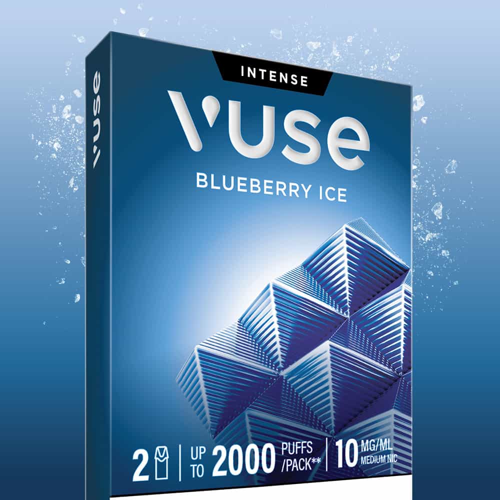 Blueberry Ice Vuse Extra Intense Flavour Pods packaging features geometric icy cubes, emphasizing INTENSE, UP TO 2000 PUFFS/PACK, and 10 MG/ML MEDIUM. Set against a frosty blue background, these pre-filled e-liquid pods from Vuse are compatible with Vuse PRO devices for a seamless vaping experience.