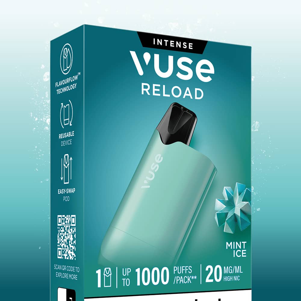 A teal Mint Ice Vuse Reload Box vaping device in its rectangular packaging, featuring a mint leaf graphic and text indicating 1000 puffs and 20 mg/mL nicotine strength.