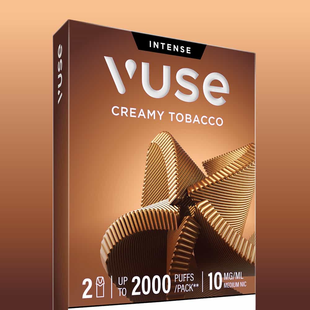 A box of Vuse Creamy Tobacco Extra Intense Flavour Pods features a sculpted abstract design and includes 2 pods per pack, each offering up to 2000 puffs with a medium nicotine strength of 10 mg/mL. These pods are pre-filled and compatible with Vuse PRO devices for seamless vaping.