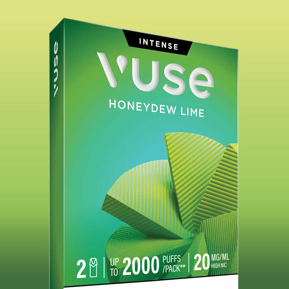 A green package of Vuse Honeydew Lime Extra Intense Flavour Pods features abstract lime and melon slice designs, emphasizing 2000 puffs per pack and 20 mg/ml nic salts content—ideal for those craving the refreshing flavour of Vuse Pods.