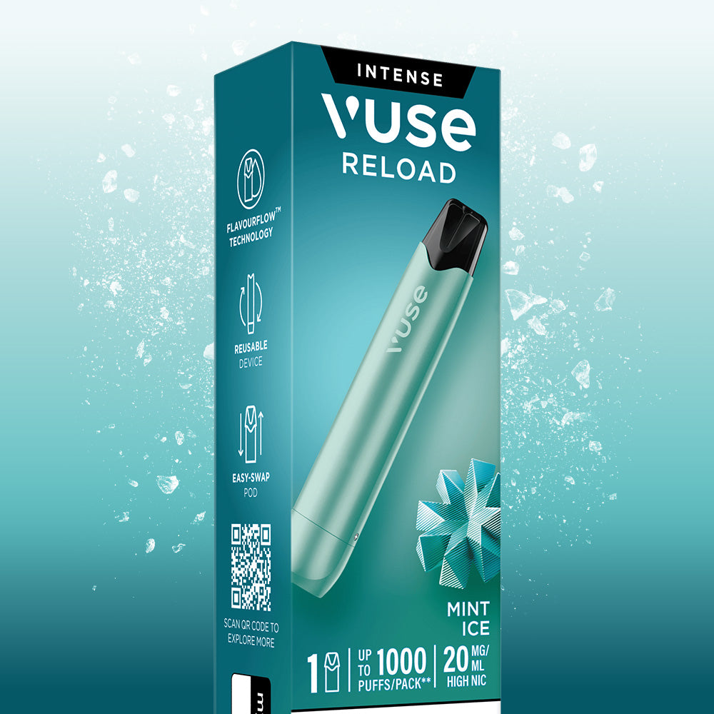 A light blue Mint Ice Aqua Vuse Reload Pen shown next to its packaging box, which lists features including a 1000 puff capacity and mint ice flavor.