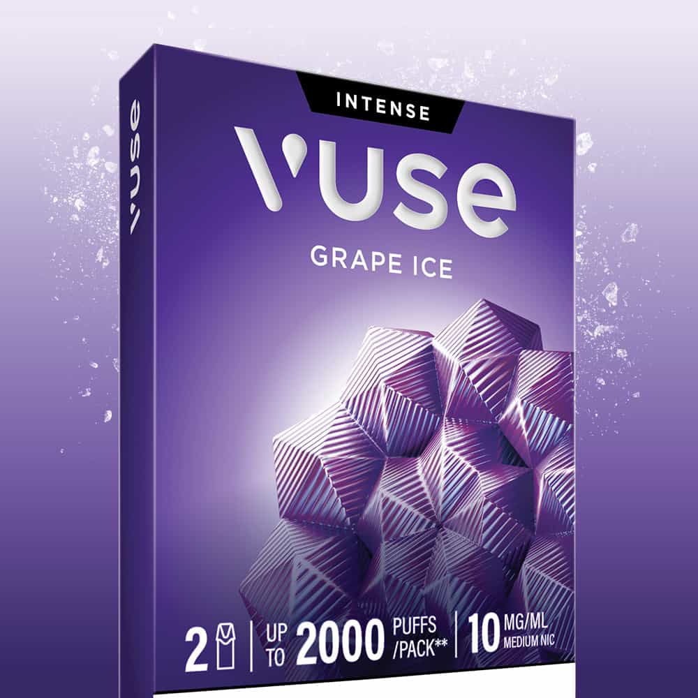 Featuring a sleek geometric design with ice cubes and a gradient background that shifts from deep to light purple, the packaging for Vuse Grape Ice Extra Intense Flavour Pods highlights up to 2000 puffs per pack and a medium 10 mg/ml nicotine strength. These pre-filled e-liquid pods are compatible with Vuse PRO devices, delivering a cool and refreshing Grape Ice experience in every puff.