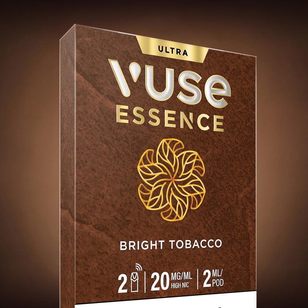 A Vuse Bright Tobacco Smart Pod package in brown features gold text, a gold abstract design, and icons indicating 2 Vuse Ultra Smart Pods, 20mg/ml nicotine strength, and 2ml per pod—perfect for an elevated vaping experience.