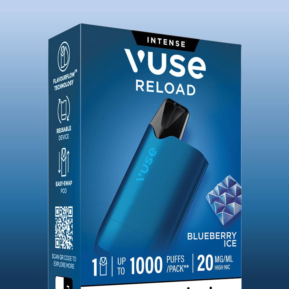 A Blueberry Ice Vuse Reload Box featuring a blue device, 1000 puffs, and 20 mg/ml nicotine strength.