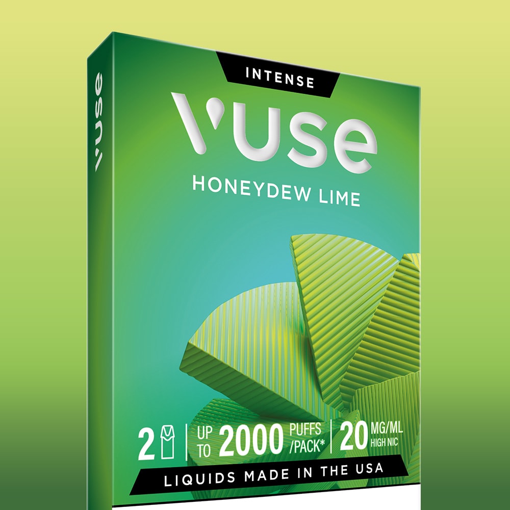 A green and yellow box of Honeydew Lime Vuse Extra Intense Flavour Pods with nic salts, 2 pods per pack, up to 2000 puffs, 20 mg/mL nicotine, and "Liquids Made in the USA" on the packaging.